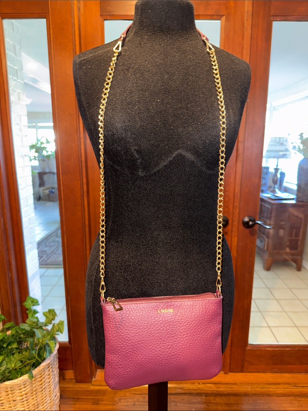LODIS Plum Pebble Leather Crossbody with Gold Chain Strap